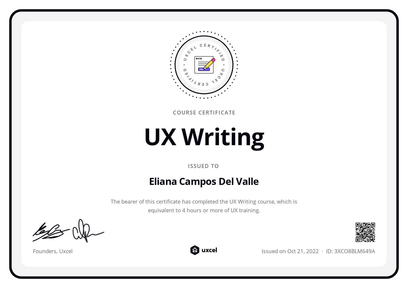 Eliana Campos Del Valle's certificate